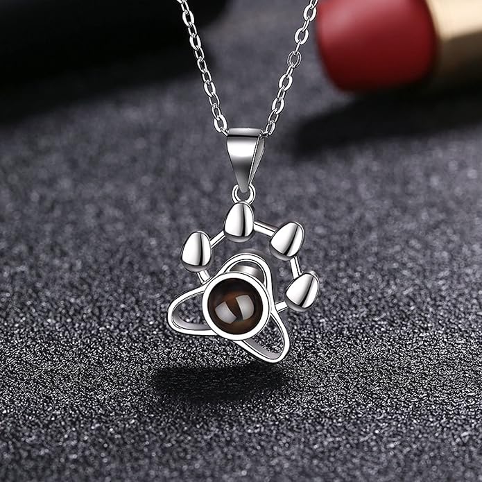 925 Sterling Silver Paw Print Necklace with Picture Inside–Personalized Memorial Necklace, Custom Photo Jewelry with Gift Box, Pet Jewelry Keepsake