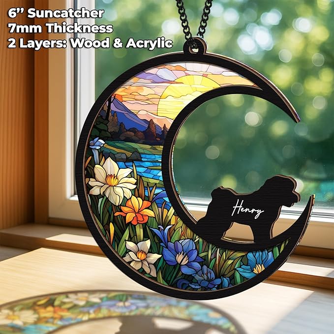 6'' Bichons Frise Dog Memorial Suncatcher & Wooden Dog Paw Keychain Personalized Dog Name Ornament Window Hanging Pet of Loss Dog Sympathy Gift for Dog Lovers Car Hanging SCD-B11-6-43