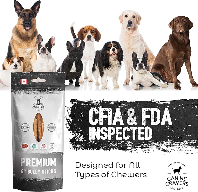 Canine Cravers Maplewood Smoked Bully Sticks 6” Inch - 100% Natural Free Range Grass Fed Beef - Made in Canada - Odor-Reduced Long Lasting, Rawhide Free Dog Chews High Protein Low Fat Dental Care