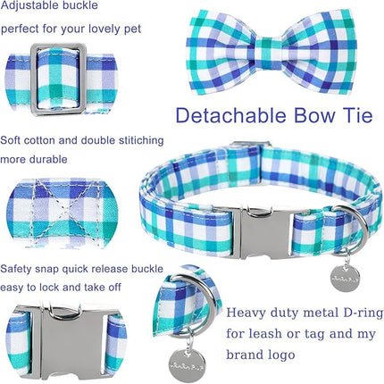 Dog Collar Bow Tie, Comfortable Durable Cotton Bowtie Collar for Small Girl Boy Dog, Adorable Dog Collar with Metal Buckle, Blue Grid Gift Collar, S