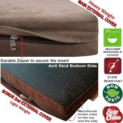 Dogbed4less Orthopedic Small Medium Memory Foam Pet Bed, Waterproof Liner with Brown Suede Cover and Extra Pet Bed Case 35X20X4 Inch