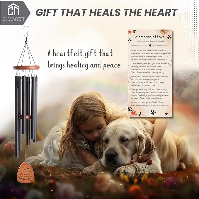Pet Memorial Wind Chime (28 Inches), Loss of Pet Sympathy Gift Dog, Rainbow Bridge, Pet Memorial Gifts for Dogs, Remembrance, Bereavement Memory Gifts Dogs, passing away gift, Dog Wind Chimes Memorial