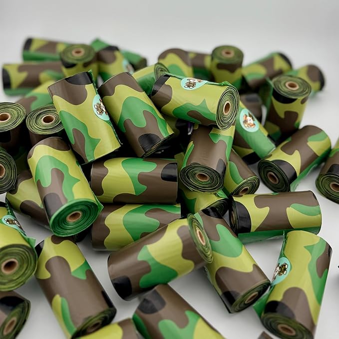 Pet poop bags with a camouflage pattern. Dog poop bags rolls for dog walking, dog parks, and the yard.