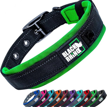 Black Rhino Dog Collar for Medium Dogs - Adjustable Reflective Heavy Duty Dog Collar with Ultra-Soft Neoprene Padding - Weatherproof, Durable, and Comfortable - Ideal for Active Dogs - Green and Black