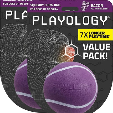 Playology Dog Toys | Squeaky Chew Ball - Bouncy Durable Floating Fetch Ball for Dogs, Value 2-Pack | Medium Bacon Scented Toy - Easy to Clean and Made from Non Toxic Materials