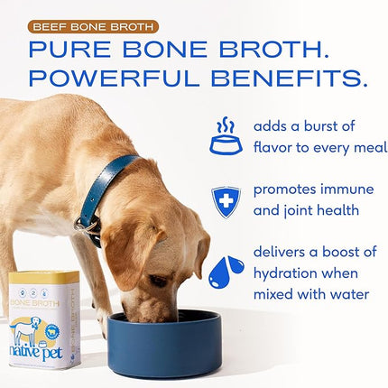 Native Pet Bone Broth for Dogs - Made with Real Beef Bone Broth, Dog Food Toppers for Picky Eaters - Provides Extra Hydration & Nutrition for Joint Strength, Immunity & Heart Health-48 Scoops