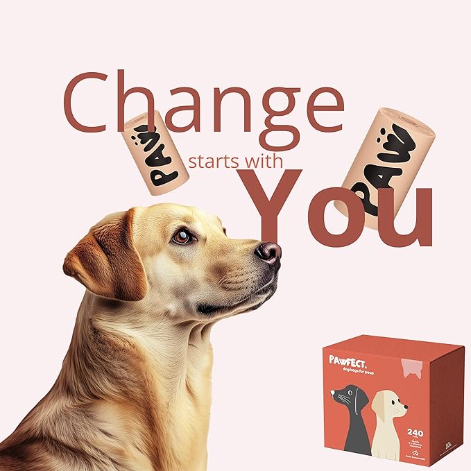 Pawfect Dog Poop Bags Rolls - Biodegradable Doggie Bags, Compostable Dog Waste Bags, BPI Certified Pet Waste Bags, Unscented, Large, Puppy Poo, Earth Friendly, Bolsas de Basura (240 counts)