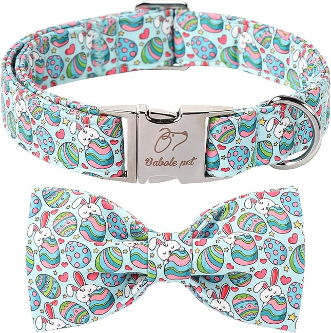 Easter Dog Collar With Bow Tie, Eggs Bowtie With Safety Metal Buckle, Cute Boy Girl Bunny Collar for Small Medium Dogs, M