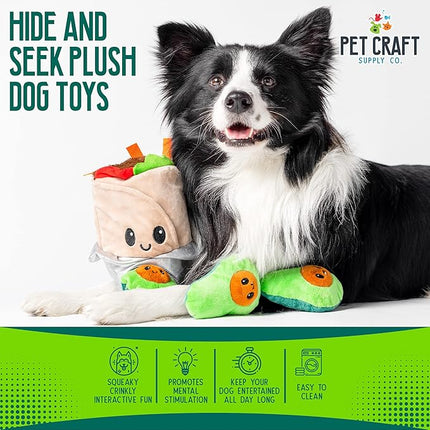 Pet Craft Supply Hide and Seek Plush Dog Toys Crinkle Squeaky Interactive Burrow Activity Puzzle Chew Fetch Treat Hiding Brain Stimulating Cute Funny Toy Bundle Pack - Burrito, for Medium Breeds
