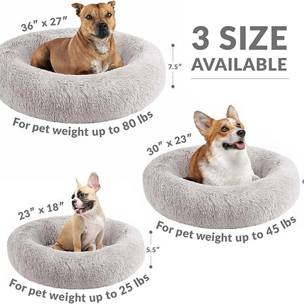 Friends Forever Serena Donut Memory Foam Orthopedic Dog Bed, Soft Faux Fur Oval Cat Couch For Indoor Pet, Fluffy Calming Plush Shag, Round Raised Bolster Cushion, Machine Washable Cuddler, Grey