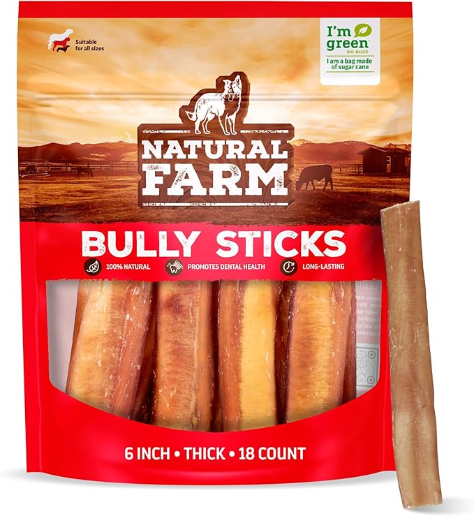 Natural Farm Odor-Free Thick Bully Sticks (6”, 18-pack) ALL-NATURAL Long-Lasting Dog Chews, 100% Beef Pizzle, Grass-Fed, Grain-Free, Protein for Muscle Development & Energy, Perfect For Medium Chewers