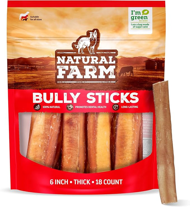 Natural Farm Odor-Free Thick Bully Sticks (6”, 18-pack) ALL-NATURAL Long-Lasting Dog Chews, 100% Beef Pizzle, Grass-Fed, Grain-Free, Protein for Muscle Development & Energy, Perfect For Medium Chewers
