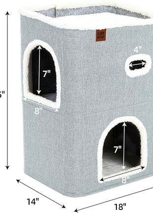 CATBOAT 2-Storey Cat House for Indoor Cats Bed, Covered Beds & Furniture with Scratch Pad and Hideaway Cave, Cute Modern Condo for Multi Small Pet Large Kitten Kitty, Light Grey
