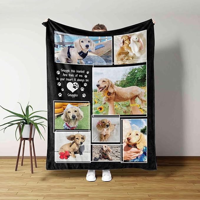 Personalized Dog Photo Blanket, Custom Pet Memorial with Paw Print, Keepsake for Dog Loss Gift