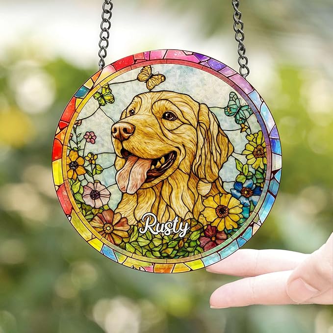 Personalized Window Hanging Suncatcher Dog Portrait Stained Glass Window Hangings, Pet Stained Glass Suncatcher, Loss of Dog Custom Name Dog Memorial Gifts