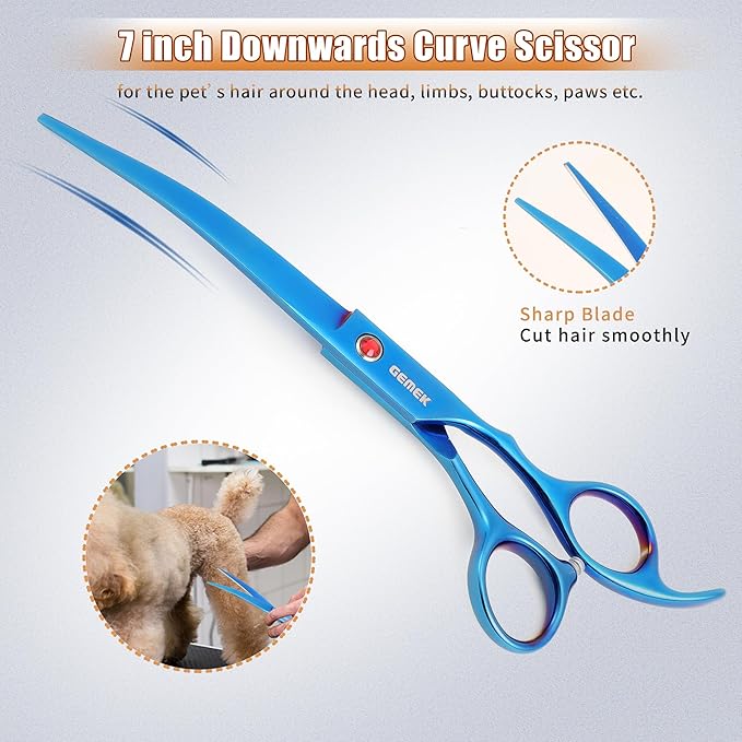 7.0in Titanium Blue Professional Pet Grooming Scissors Set, GEMEK 6 in 1 Straight & Thinning & Upwards Curved & Downwards Curved Scissors & Comb for Dogs, Cats (Blue)