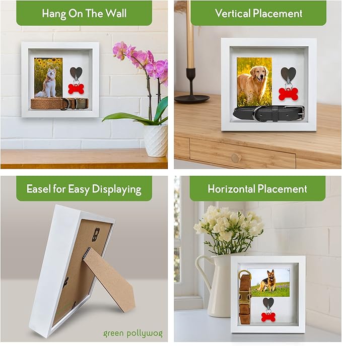 Green Pollywog Pet Memorial Shadowbox with Photo, Tag & Collar Display | White Frame with 4” x 6” Picture Opening | 10” x 10” x 2.5” Keepsake Box
