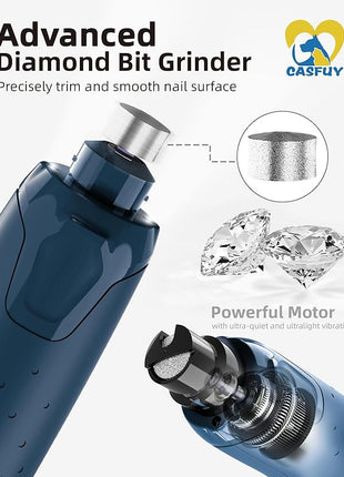 Casfuy Dog Nail Grinder Quiet - (45db) 6-Speed Pet Nail Grinder with 2 LED Lights for Large Medium Small Puppy Dogs/Cats, Professional 3 Ports Rechargeable Electric Dog Nail Trimmer with Dust Cap