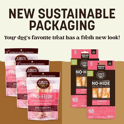 Earth Animal No Hide Chews - Long Lasting Rawhide Free Medium Dog Chews Rolls, Salmon - 6 Count