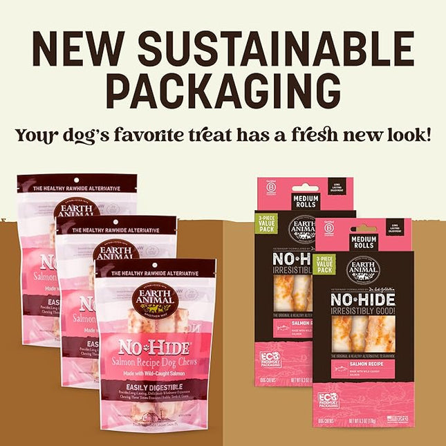Earth Animal No Hide Chews - Long Lasting Rawhide Free Medium Dog Chews Rolls, Salmon - 6 Count