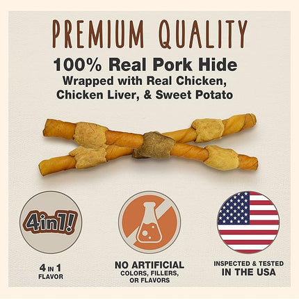 Cadet Gourmet Shish Kabob Dog Chews for Large Dogs, Rawhide Treats with Chicken and Sweet Potato, Healthy & Natural Pork Hide, 10-Inch Sticks, 4 Count