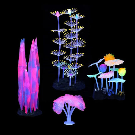 Glowing Fish Tank Decorations Plants, 4 pcs Glow Aquarium Decorations, Glowing Coral Plant Ornaments Lotus Kelp and Anemone