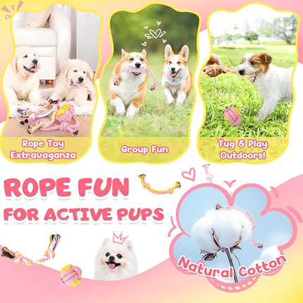 KIPRITII 25-Pack Pink Puppy Toy Set for Small Female Puppies - Includes Sweet Rope Toys, Chew Toys, Cute No-Stuffing Squeaky Dog Toy for Boredom and Teething