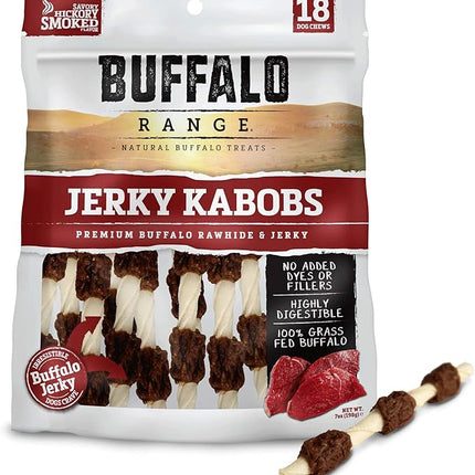 Buffalo Range Rawhide Jerky Kabobs, Jerky Dog Treat, Grass-Fed Buffalo Rawhide Chews, Healthy Dog Treat, Meat Kabob, Puppy Chews, No Added Fillers or Dyes, Hickory Smoked Flavor, 18 Count