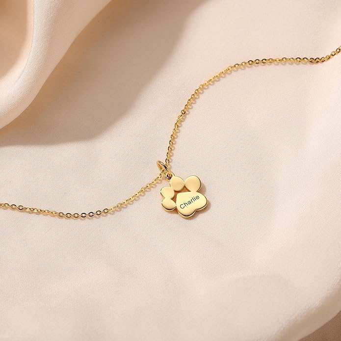 MeMeDIY Personalized Paw Print Necklace for Women Engraved Name Dog Paw Necklace Stainless Steel/925 Sterling Silver Paw Necklace Pet Memorial Necklace 1-4 Cat Paw Print Necklace