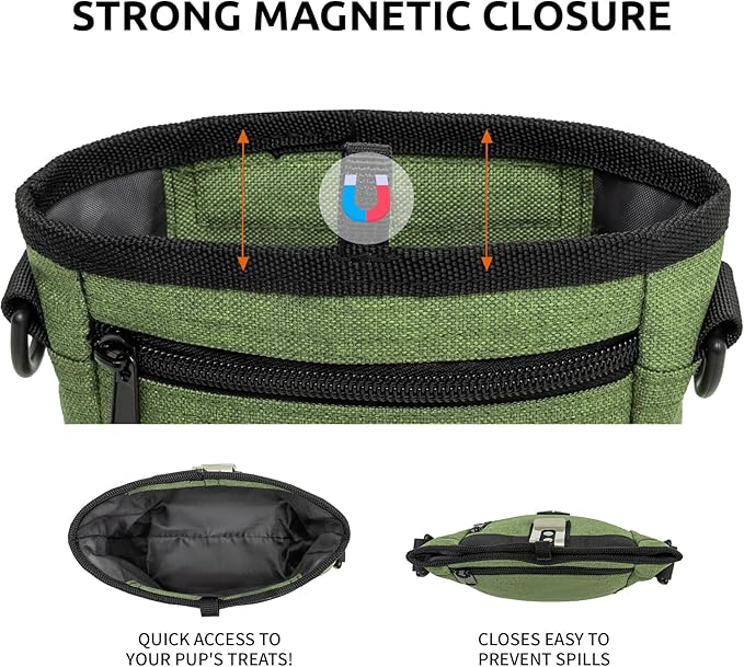 Dog Treat Pouch with Stronger Magnetic Closure Dog Treat Pouch 4 Cup Front Pocket fits All Phones Built-in Poop Bag Dispenser (Green)