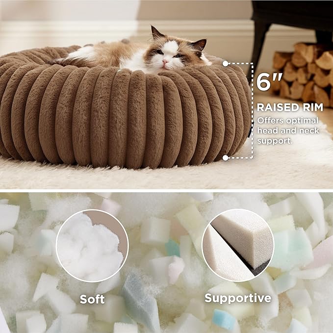 Bedsure Cat beds for Indoor Cats - Donut Dog Beds for Small Dogs with Corduroy Fleece & Anti Slip Bottom, Faux Fur Pet Beds with Washable Removable Cover, Camel Brown, 20x20x6 inches