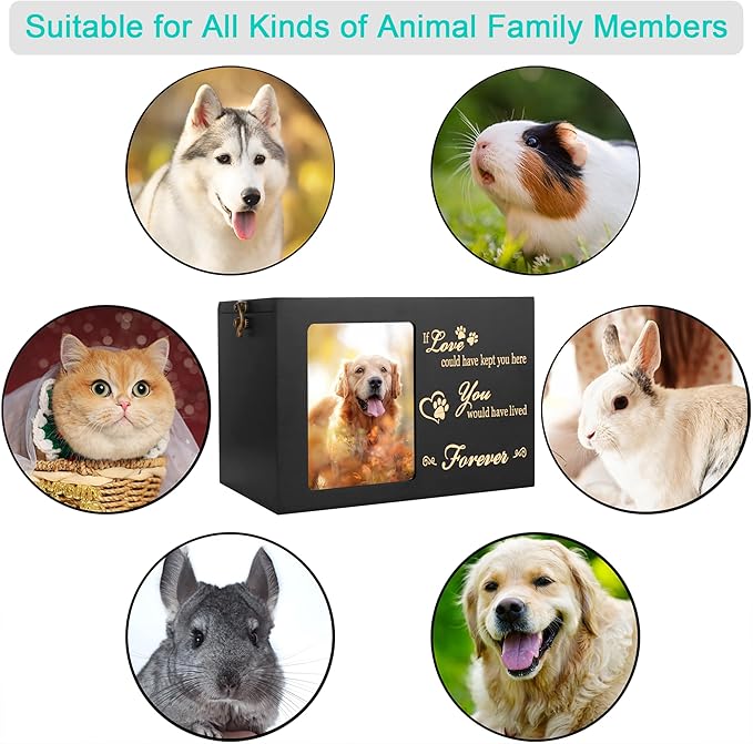 Pet Memorial Urns for Dog or Cat Ashes, Large Wooden Funeral Cremation Urns with Photo Frame, Memorial Keepsake Memory Box with Black Flannel as Lining, Loss Pet Memorial Remembrance Gift
