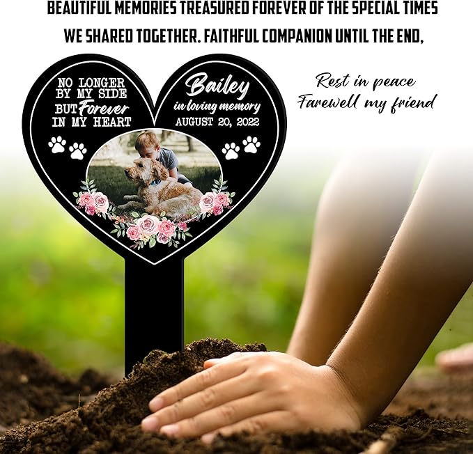 Customized Pet Grave Markers Dog Cat Cross Pet Memorial Plaques Personalized Heart Grave Markers Outdoor Gifts For Friends Someone Lost Pet Pet Picture Plaque Sympathetic Loss Of Dog Cat