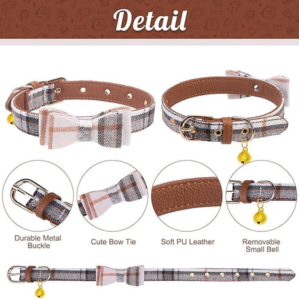 EXPAWLORER Puppy Collar and Leash Set - Classic Plaid Small Dog Collar with Bow Tie, Cute Dog Collar and Leash Set, Adjustable Dog Collar for Small Dogs Cats Holiday Birthday Gifts, Beige X-Small