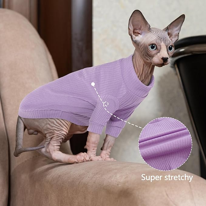 PUMYPOREITY Cat Clothes, Stretchy Cat Shirt, Cat Sweater with Sleeves, Sphynx Cat Clothes, Soft Cat Shirts for Cats Only, Pullover Cat Pajama for Sphynx Hairless Cat, Devon Rex, Purple, XL