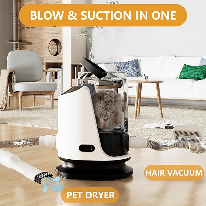 FOTING 6 in 1 Dog Grooming Vacuum & Dryer Kit, Dog Vacuum for Shedding Grooming, 2.1L Double Dust Cup Separator Design, 10000pa Pet Grooming Vacuum for Dogs at Home
