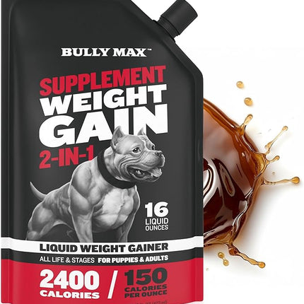Bully Max Liquid Weight Gainer for Dogs – High Calorie Dog Supplement with Omega-3 & Whey Protein – 2-in-1 Multivitamin for Healthy Weight Gain – for Puppies & Adult Dogs – 16 oz