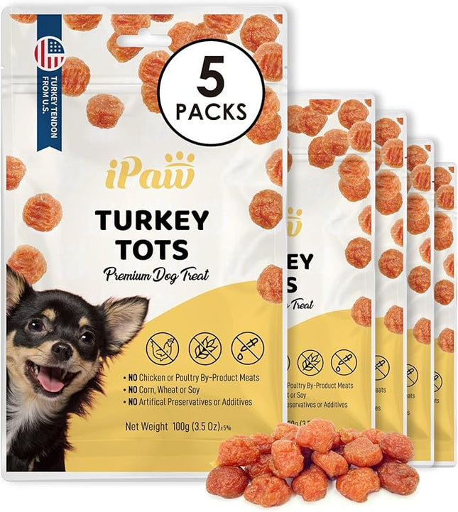 iPaw Turkey Tots Dog Treats for Puppy Training, All Natural Human Grade Dog Treat, US Sourced Raw Material, Hypoallergenic, Easy to Digest (Turkey Tots), 5 Packs