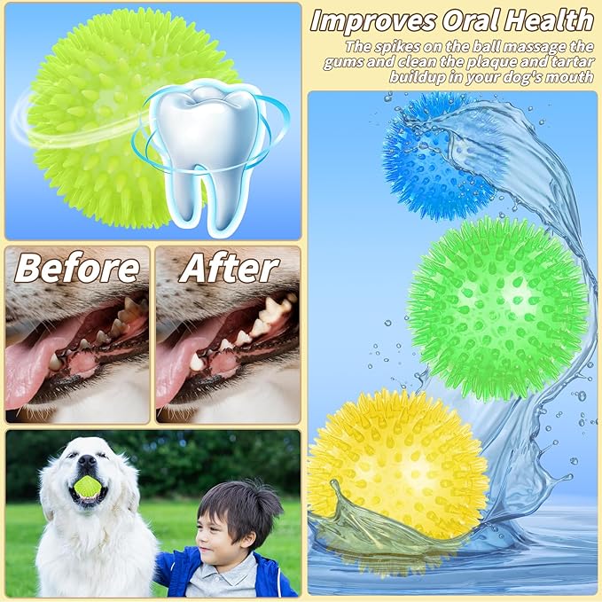 18 Pcs 3.5 in Squeaky Dog Toy Balls Dog Chew Toy for Teething Durable High Bounce TPR Fetch Spike Balls 9 Colors Water Toy for Small Medium Large Dog Aggressive Chewers Clean Teeth and Training