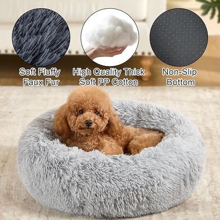 Dog Calming Beds for Small Medium Large Dogs - Round Donut Washable Dog Bed, Anti-Slip Faux Fur Fluffy Donut Cuddler Anxiety Cat Bed(36" Light Gray)