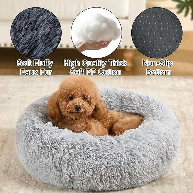 Dog Calming Beds for Small Medium Large Dogs - Round Donut Washable Dog Bed, Anti-Slip Faux Fur Fluffy Donut Cuddler Anxiety Cat Bed(36" Light Gray)