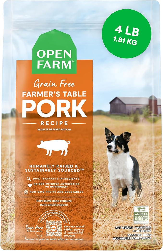 Open Farm, Grain-Free Dry Dog Food, Complete & Balanced Kibble, Sustainably & Ethically Sourced Ingredients, Non-GMO Veggies & Superfoods to Support Overall Health, Pork Recipe, 4lb Bag