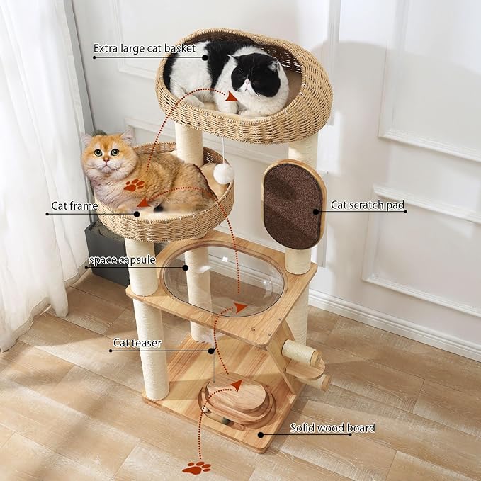 Cat Tree, Modern Cat Tree Tower with Space Capsule, Hand-Woven Basket Nest, Sisal Posts & Scratching Board, 50 Inch Heavy-Duty Multi-Level Indoor Wood Tower