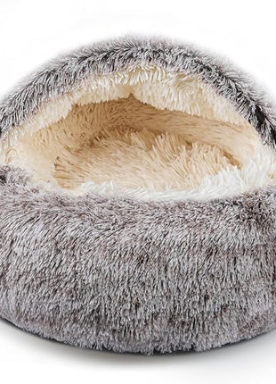 Cat Bed for Indoor Cats, Calming Cozy Cave with Self-Warming Plush, Entire Bed Machine Washable & Anti-Slip Base, Breathable Pet Bed for Small Cats&Dogs All Seasons (Khaki, 24 * 24inch)