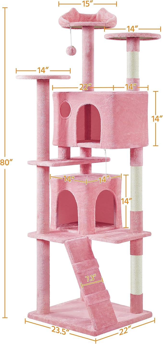 Yaheetech XL Cat Tree, 80in Multi-Level Tower w/Scratching Posts, Double Cat Condo, Perched Platforms & Dangling Balls, Activity Center for Kittens & Pets, Pink