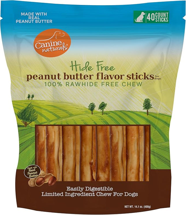 Canine Naturals Peanut Butter Chew - Rawhide Free and Dog Treats - Made from Real Peanut Butter - All-Natural and Easily Digestible - 40 Pack of 5 Inch Stick Chews