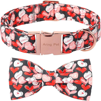 ARING PET Valentine's Day Dog Collar with Bow, Cute Black Heart Pets Detachable Bow Tie Collars for Puppy Small Medium Large Girl Boy Dogs-XS