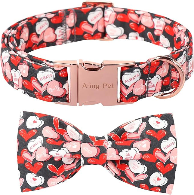 ARING PET Valentine's Day Dog Collar with Bow, Cute Black Heart Pets Detachable Bow Tie Collars for Puppy Small Medium Large Girl Boy Dogs-L