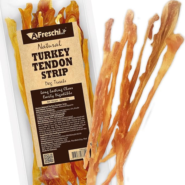 A Freschi srl Turkey Tendons for Dogs, Long-Lasting, Hypoallergenic Rawhide Alternative, Human Grade, Healthy Puppy Chews, Natural Dog Treats for Small Dogs, Strips, 3oz Pack