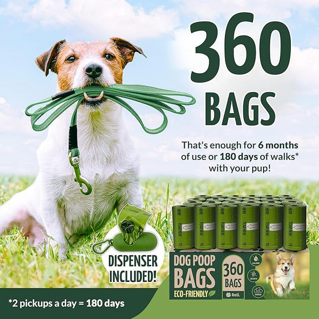 Reli. Biodegradable Dog Poop Bags w/Holder (360 Count - 24 Rolls) | 9x13" Large Dog Bags for Poop w/Dispenser | Green Eco-Friendly | Oxobiodegradable Pet Waste Disposal Refills (Unscented)